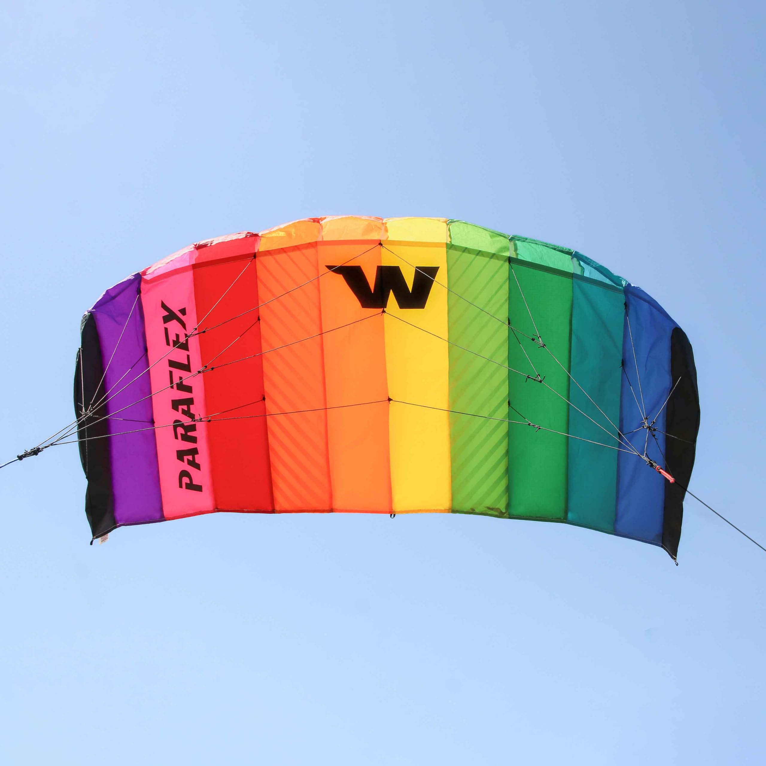Wolkenstürmer Paraflex Basic Lenkmatte 1.2 (Rainbow) - Regenbogen Kite für Kinder ab 6 Jahre - Lenkdrachen flugfertig mit 2x25m Dyneemaleinen & Flugschlaufen