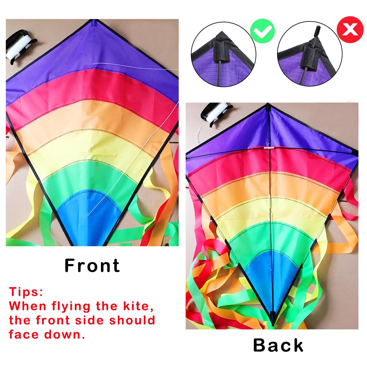 Drachen Kinder, Regenbogen Einleiner-Flugdrachen ab 3 Jahren - 64x75cm - inkl. 100m Drachenschnur und Streifenschwänze