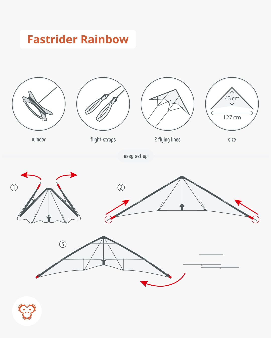 Skymonkey Fastrider Lenkdrachen Kinder, Jugendliche und Erwachsene, 2-Leiner Lenkdrache, Spannweite: 127cm - Rainbow