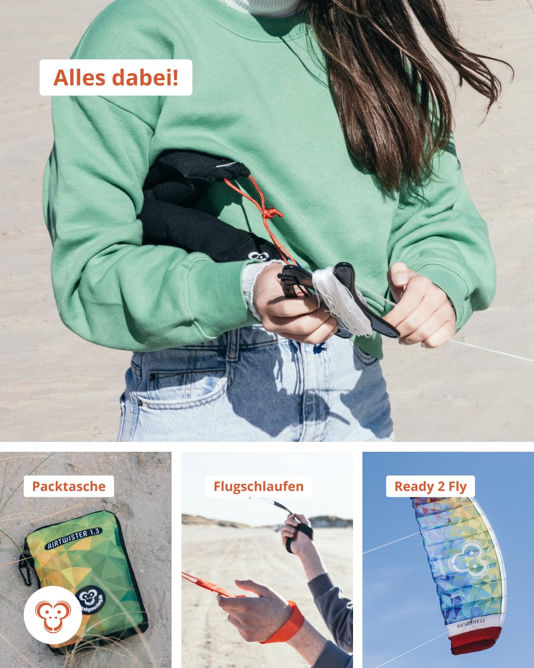 Skymonkey Airtwister 1.3 Lenkmatte inkl. Packsack & Flugschlaufen - Lenkdrachen bereits fertig angeleint, ready 2 fly, Kite mit stabilen Polyester Ripstop Material, Flugdrachen für Einsteiger geeignet