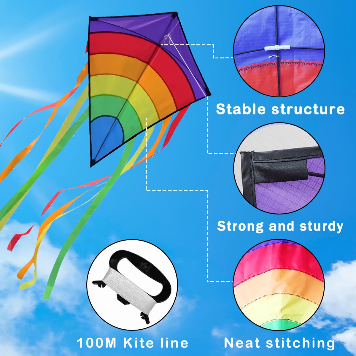 Drachen Kinder, Regenbogen Einleiner-Flugdrachen ab 3 Jahren - 64x75cm - inkl. 100m Drachenschnur und Streifenschwänze