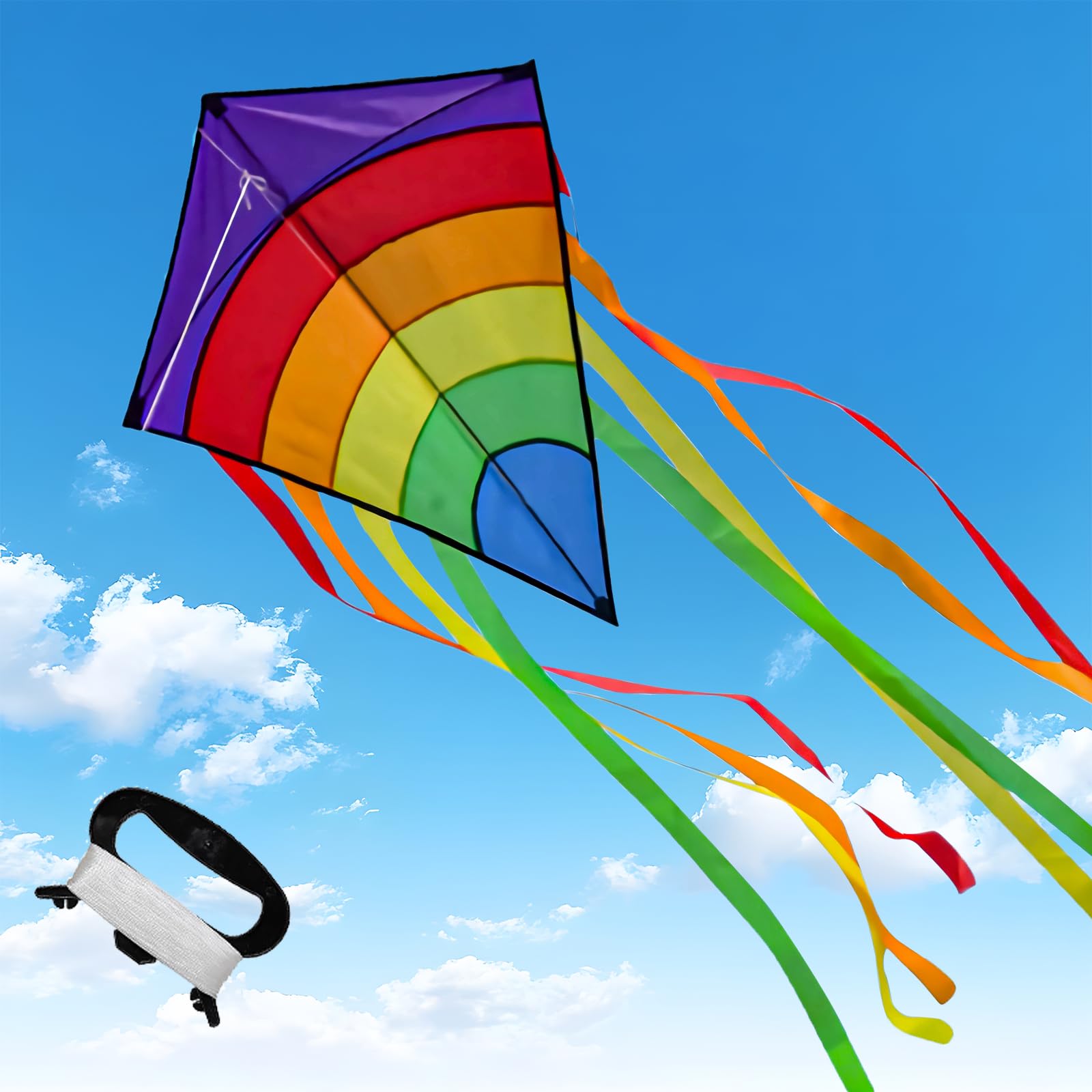 Drachen Kinder, Regenbogen Einleiner-Flugdrachen ab 3 Jahren - 64x75cm - inkl. 100m Drachenschnur und Streifenschwänze