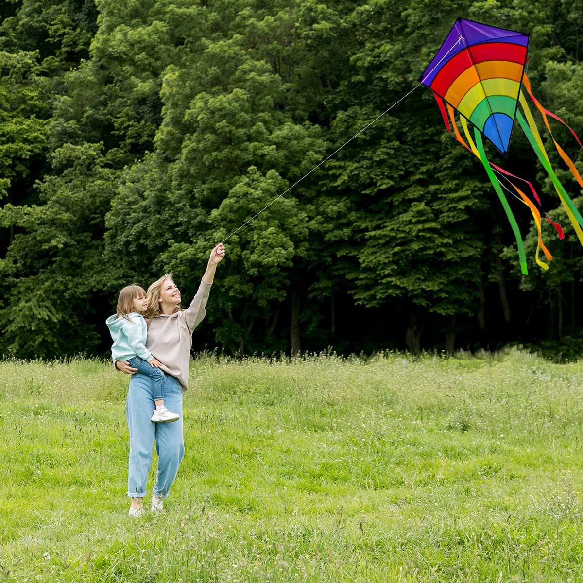 Drachen Kinder, Regenbogen Einleiner-Flugdrachen ab 3 Jahren - 64x75cm - inkl. 100m Drachenschnur und Streifenschwänze