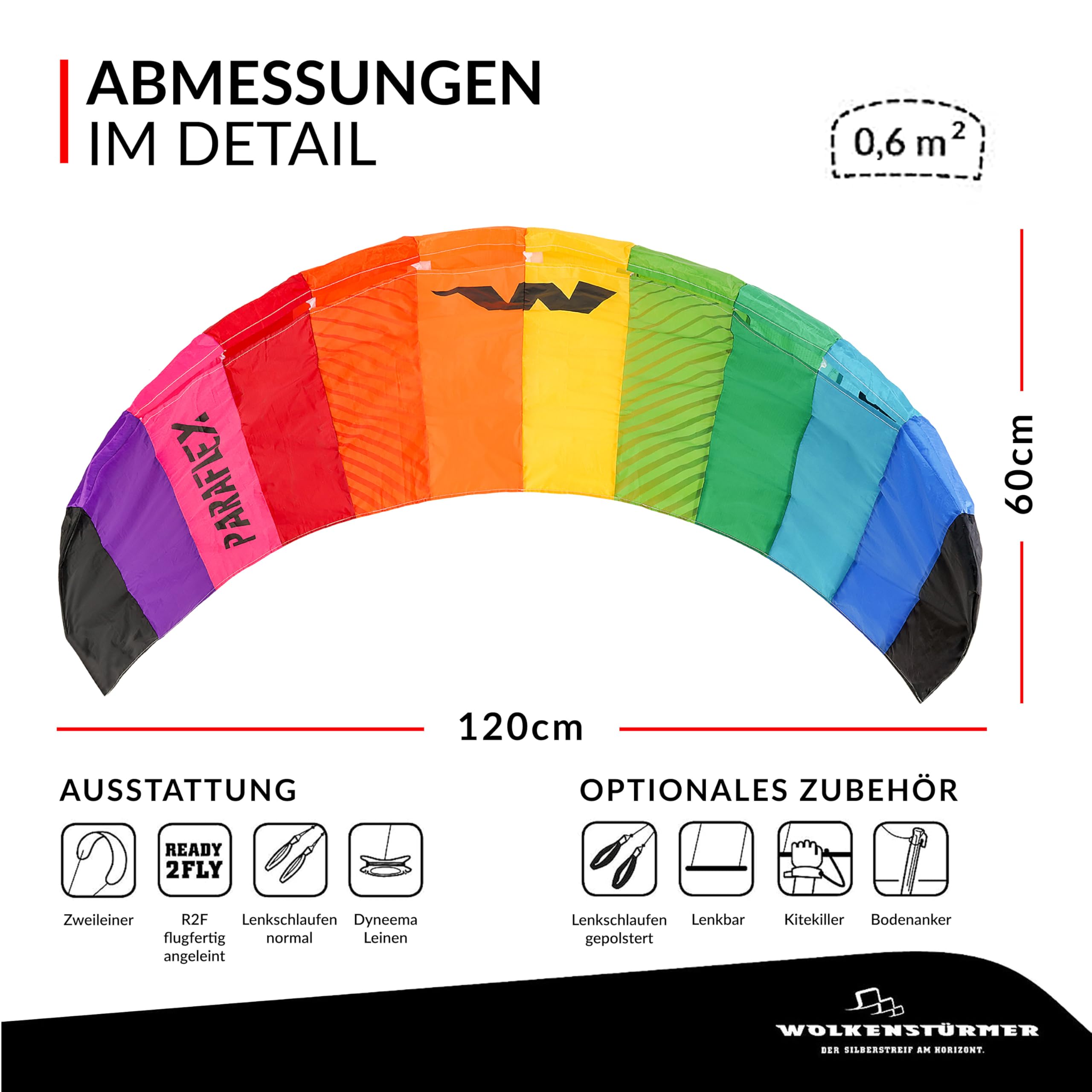 Wolkenstürmer Paraflex Basic Lenkmatte 1.2 (Rainbow) - Regenbogen Kite für Kinder ab 6 Jahre - Lenkdrachen flugfertig mit 2x25m Dyneemaleinen & Flugschlaufen